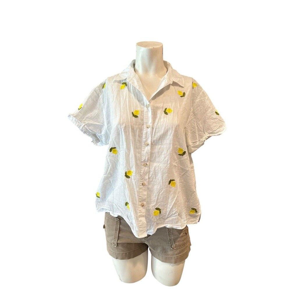 Anthropologie MAEVE EMBROIDERED Fruit Surf Shirt TOP BLOUSE LEMONS WHITE S- EUC - Picture 2 of 12